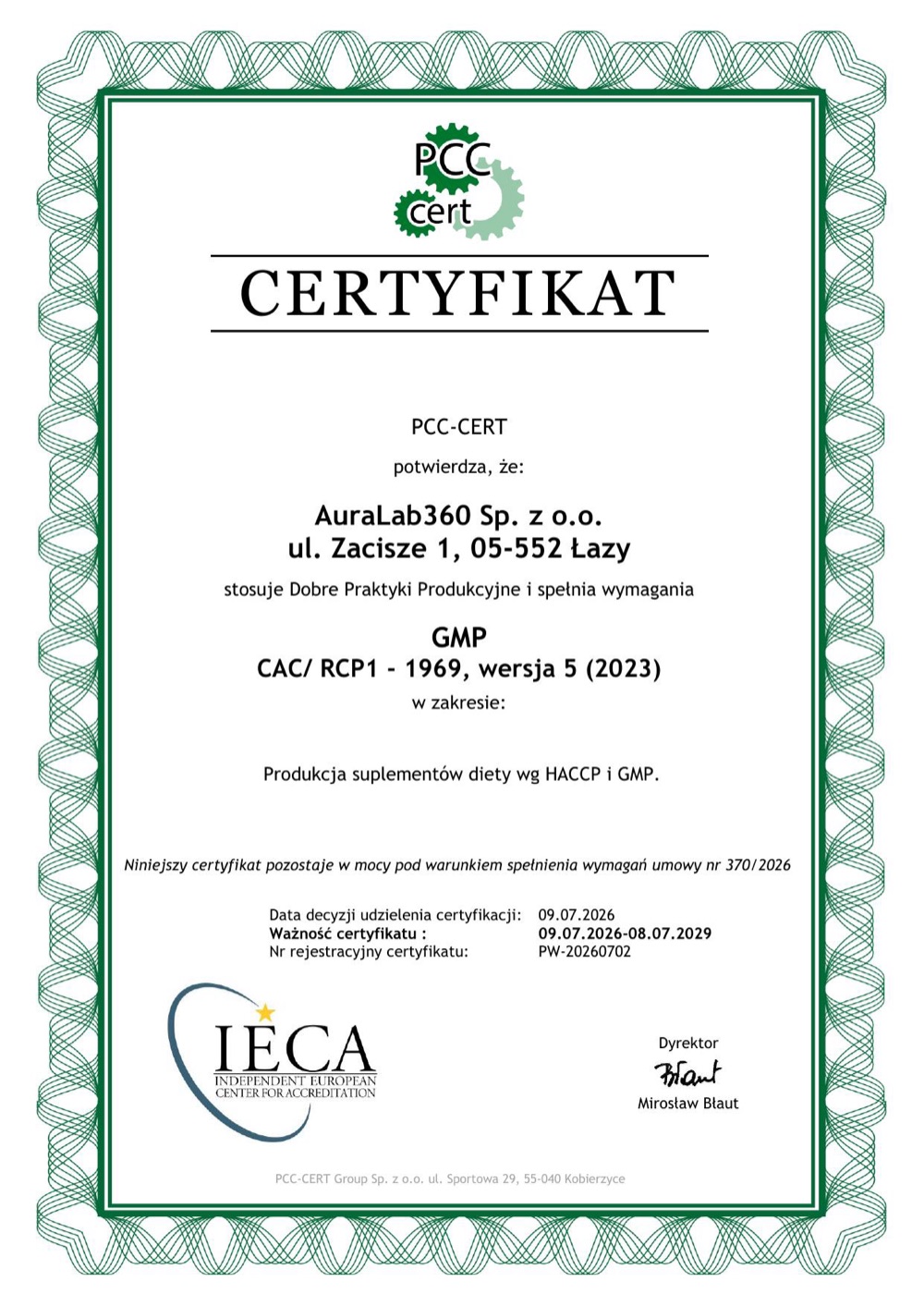 Certyfikat GMP wydany dla AuraLab360 przez PCC-CERT