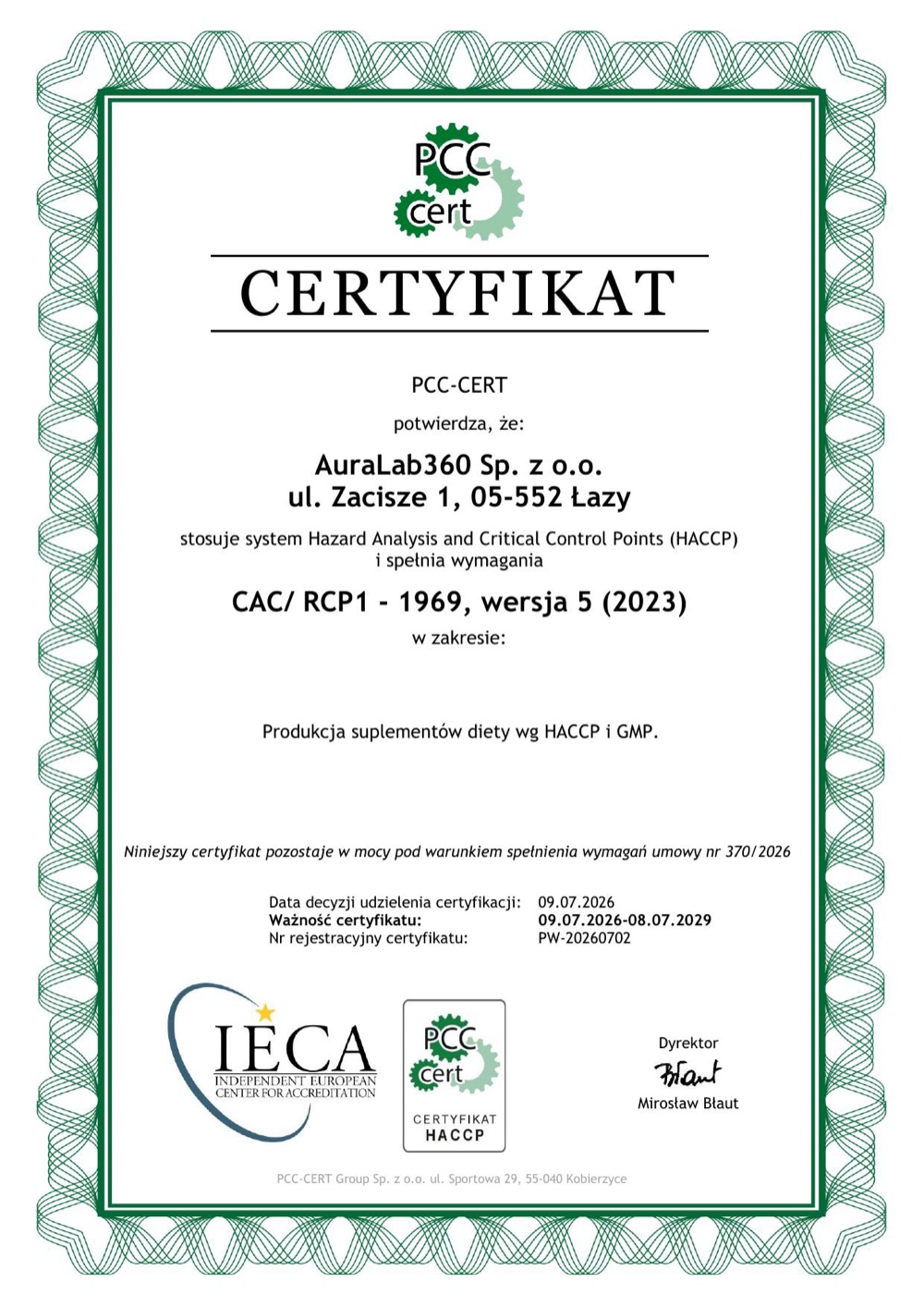 Certyfikat HACCP wydany dla AuraLab360 przez PCC-CERT