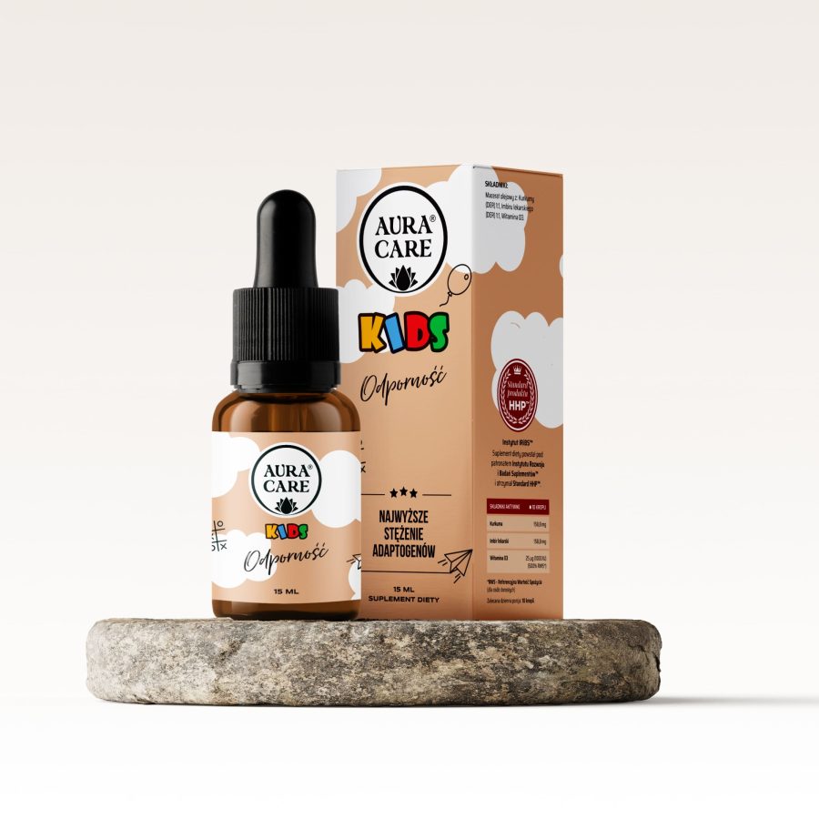 Odporność Kurkuma, Imbir lekarski, Witamina D3 Adaptogeny Aura Care KIDS | 14100 mg