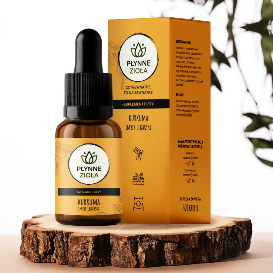 <b>KURKUMA I IMBIR w kroplach</b> <br>Kurkuma, Imbir | 14100 mg<br> <small>PREMIUM, BADANIA, CERTYFIKATY</small>