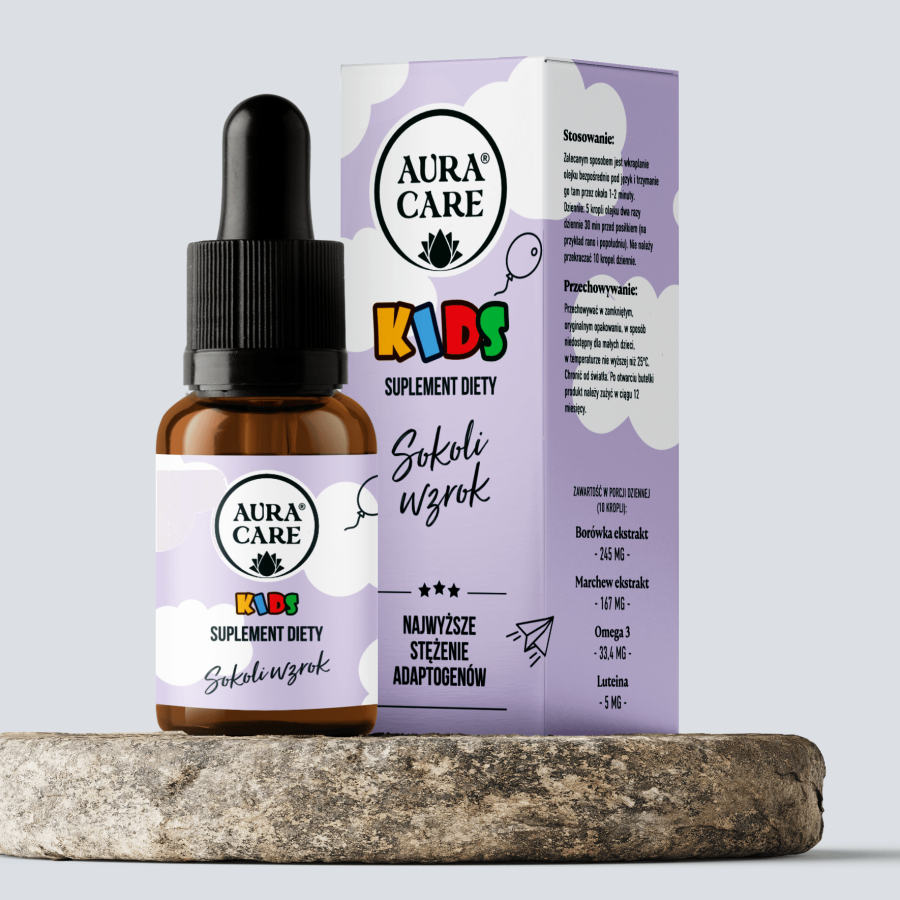 <b>Sokoli wzrok dla dzieci</b></br> Luteina, Borówka czarna, Marchew, Omega-3 (EPA, DHA)</br><small> Adaptogeny Aura Care KIDS | 14100 mg</small>