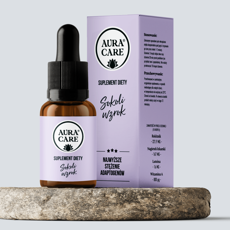 <b>Sokoli wzrok</b></br> Luteina, Rokitnik zwyczajny, Nagietek lekarski, Witamina A</br><small> Adaptogeny Aura Care | 14100 mg</small>