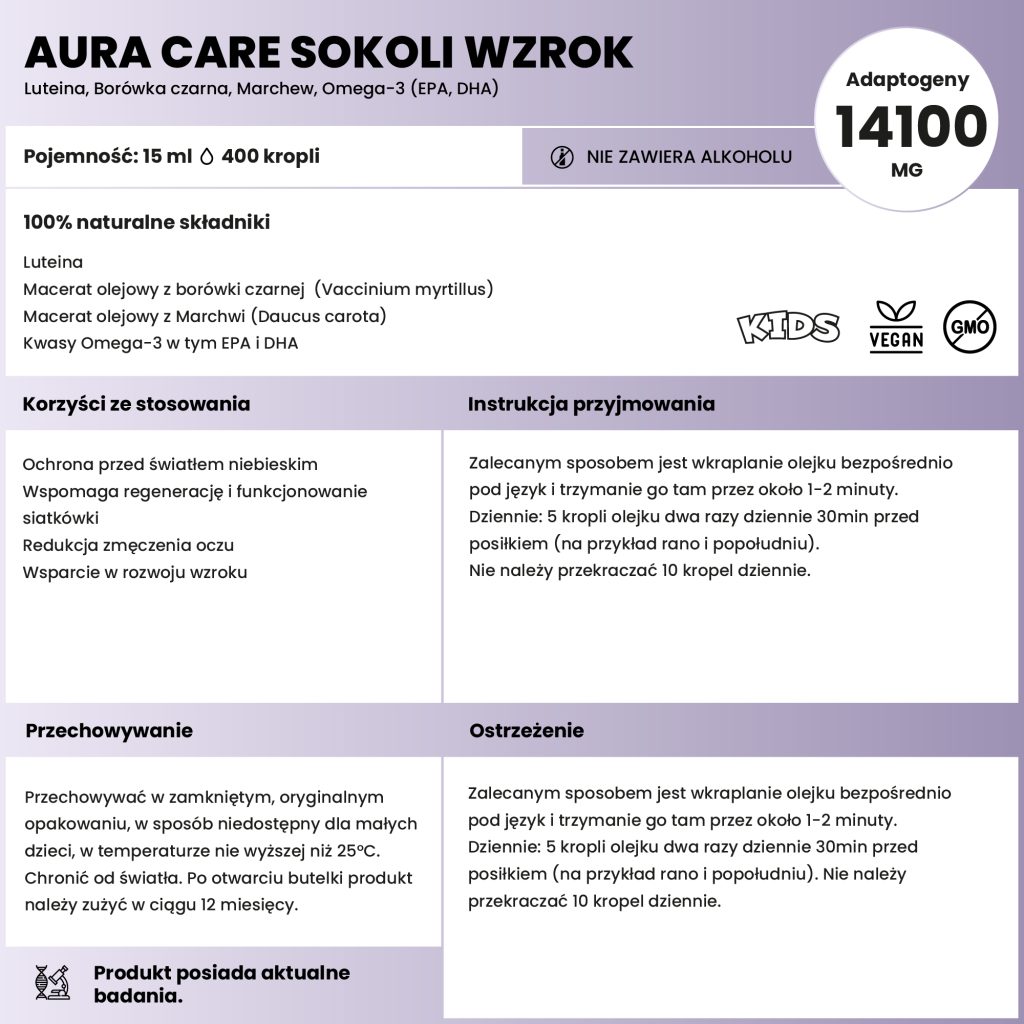 Luteina, Macerat olejowy z borówki czarnej, Macerat olejowy z Marchwi, Kwasy Omega-3 w tym EPA i DHA