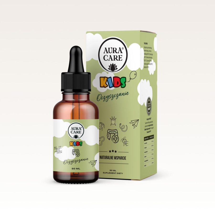 Oczyszczanie dla dzieci Orzech włoski, pestki dyni, mniszek lekarski, tymianek, pączki goździkowca, nagietek Adaptogeny Aura Care KIDS | 50 ml