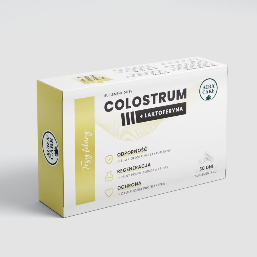 <b>Colostrum + Laktoferyna</b> <br>Odporność, regeneracja, ochrona<br><small>Colostrum Aura Care | 30% immunoglobulin</small>