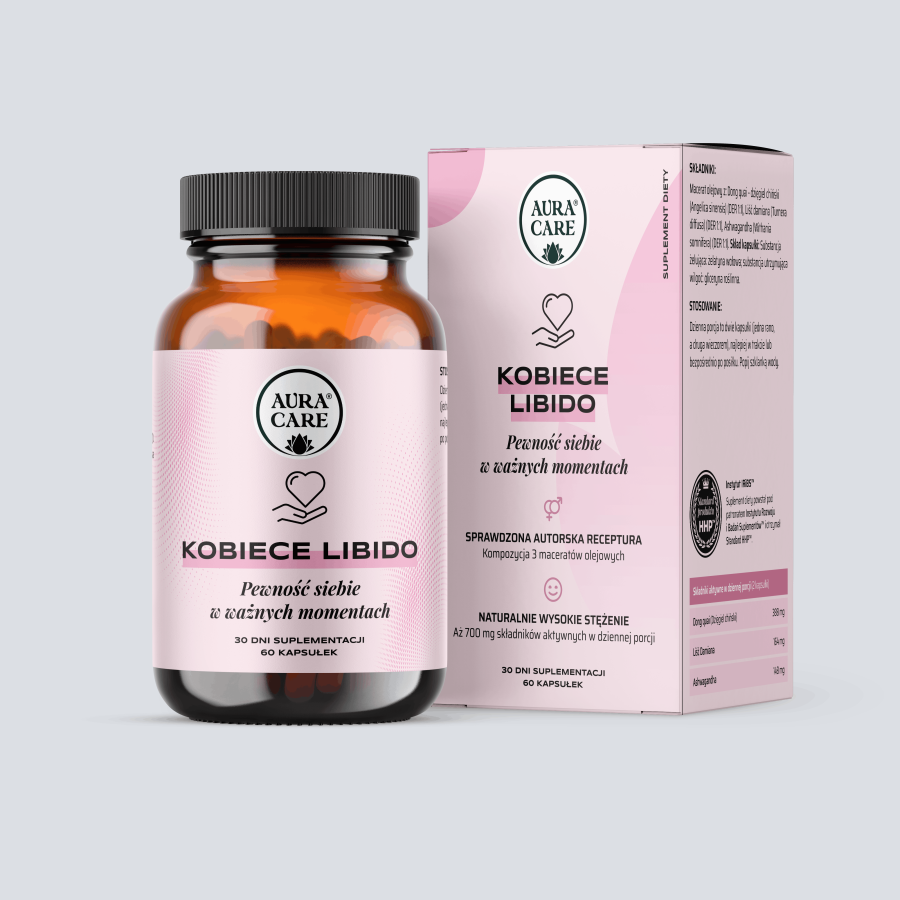 Kobiece libido w kapsułkach Dong quai (Dzięgiel chiński), Liść Damiana, Ashwagandha Adaptogeny Aura Care | 60 kapsułek