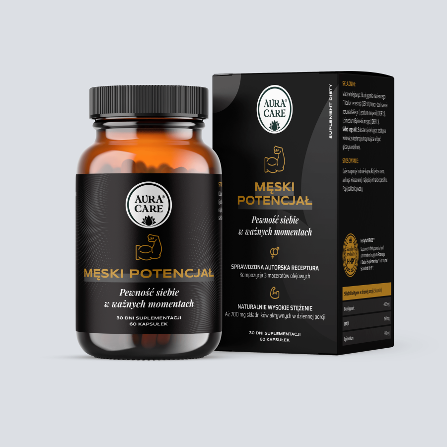 Męski potencjał w kapsułkach Buzdyganek, MACA (Żeń-szeń peruwiański), Epimedium Adaptogeny Aura Care | 60 kapsułek