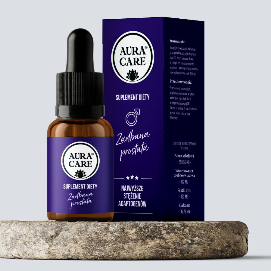 <b>Zadbana prostata</b><br> Palma sabałowa, Wierzbownica drobnokwiatowa, Pestki dyni, Kurkuma <br><small> Adaptogeny Aura Care | 15 ml</small>