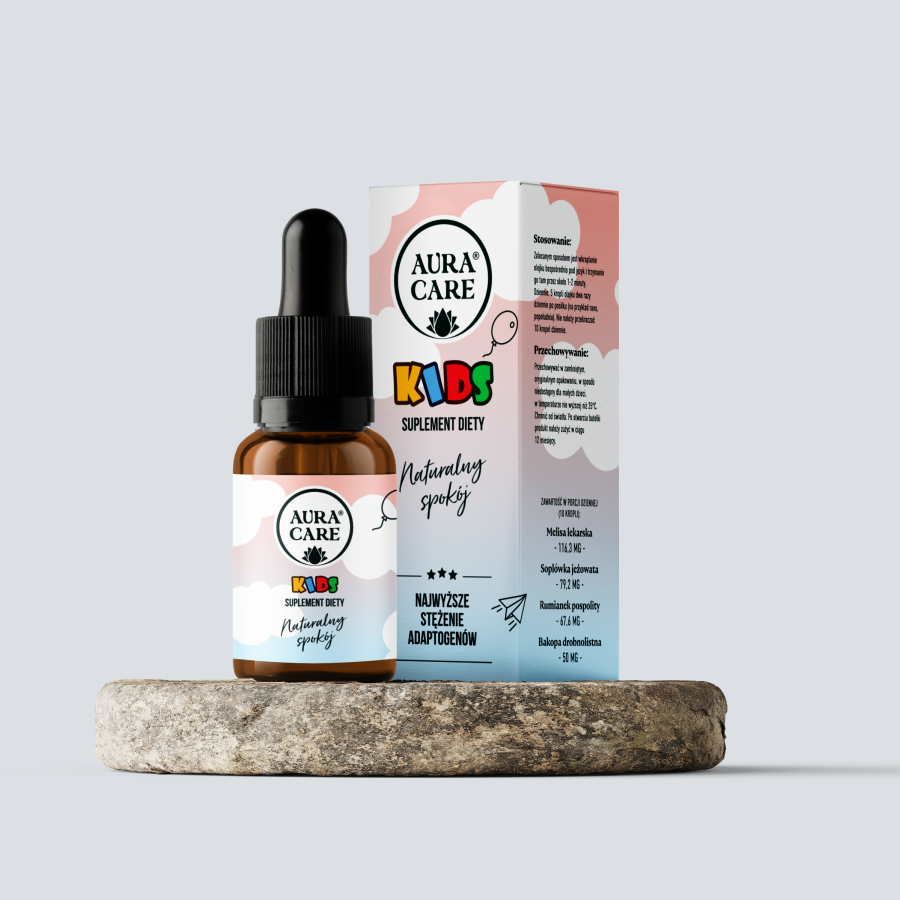 <b>Naturalny spokój dla dzieci</b><br> Melisa lekarska, Bakopa drobnolistna, Rumianek pospolity, Soplówka jeżowata<br><small> Adaptogeny Aura Care KIDS | 15 ml</small>