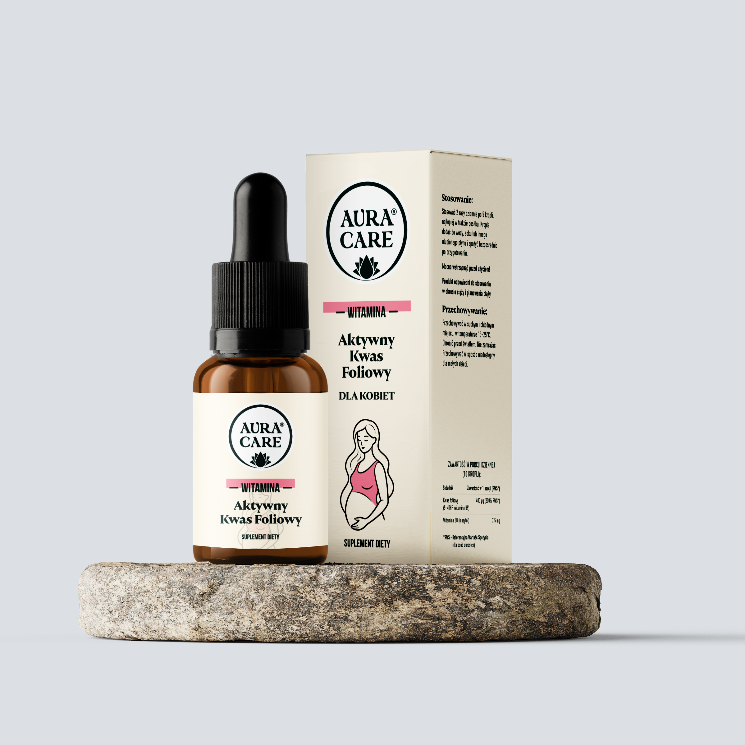 <b>Aktywny Kwas Foliowy dla kobiet</b><br> Kwas foliowy + Inozytol<br><small> Minerały Aura Care | 15 ml</small>