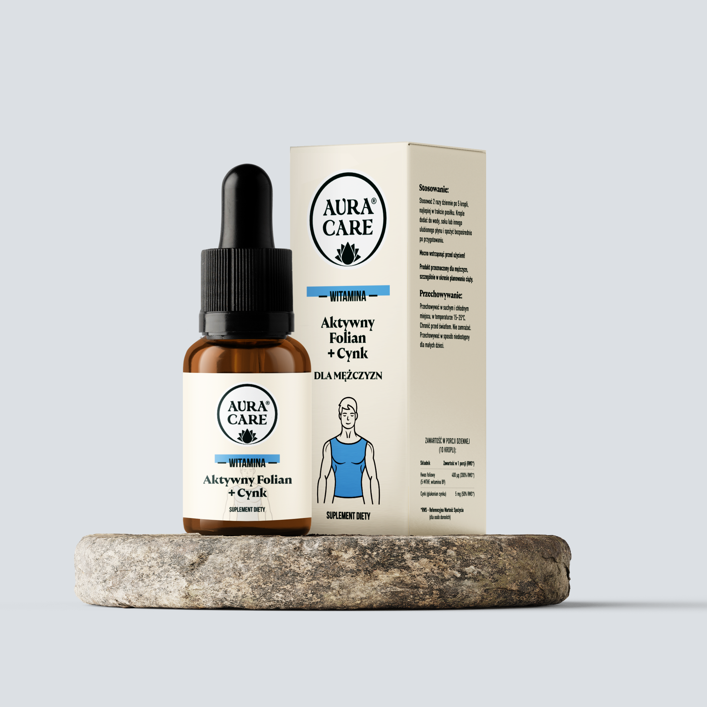 <b>Aktywny Folian + Cynk dla mężczyzn</b><br> Kwas foliowy (5-MTHF, witamina B9), Cynk (glukonian cynku)<br><small> Minerały Aura Care | 15 ml</small>