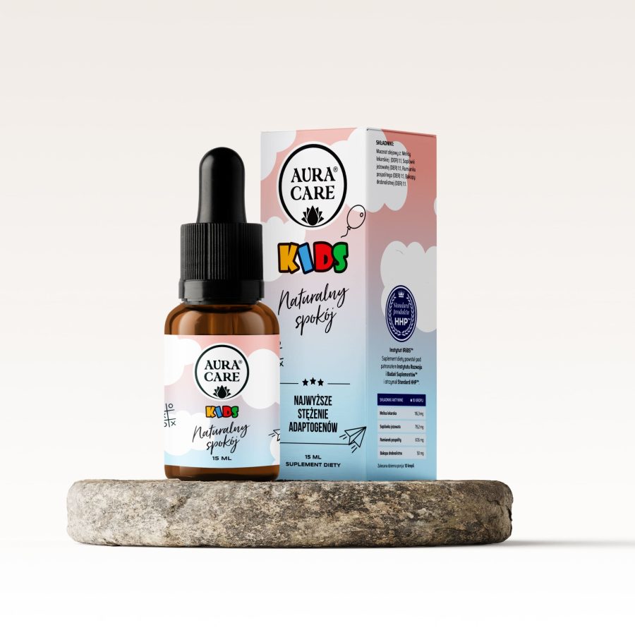 Naturalny spokój dla dzieci Melisa lekarska, Bakopa drobnolistna, Rumianek pospolity, Soplówka jeżowata Adaptogeny Aura Care KIDS | 15 ml