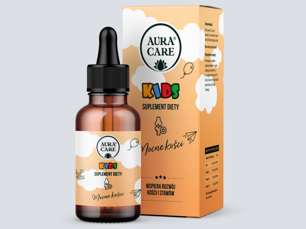 <b>Mocne kości dla dzieci</b><br> Kolagen rybi hydrolizowany, Wapń z czerwonych alg, Witamina C, Witamina D3, Witamina K2<br><small> Adaptogeny Aura Care KIDS | 50 ml</small>