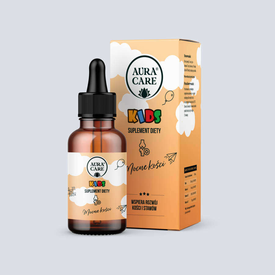 <b>Mocne kości dla dzieci</b><br> Kolagen rybi hydrolizowany, Wapń z czerwonych alg, Witamina C, Witamina D3, Witamina K2<br><small> Adaptogeny Aura Care KIDS | 50 ml</small>