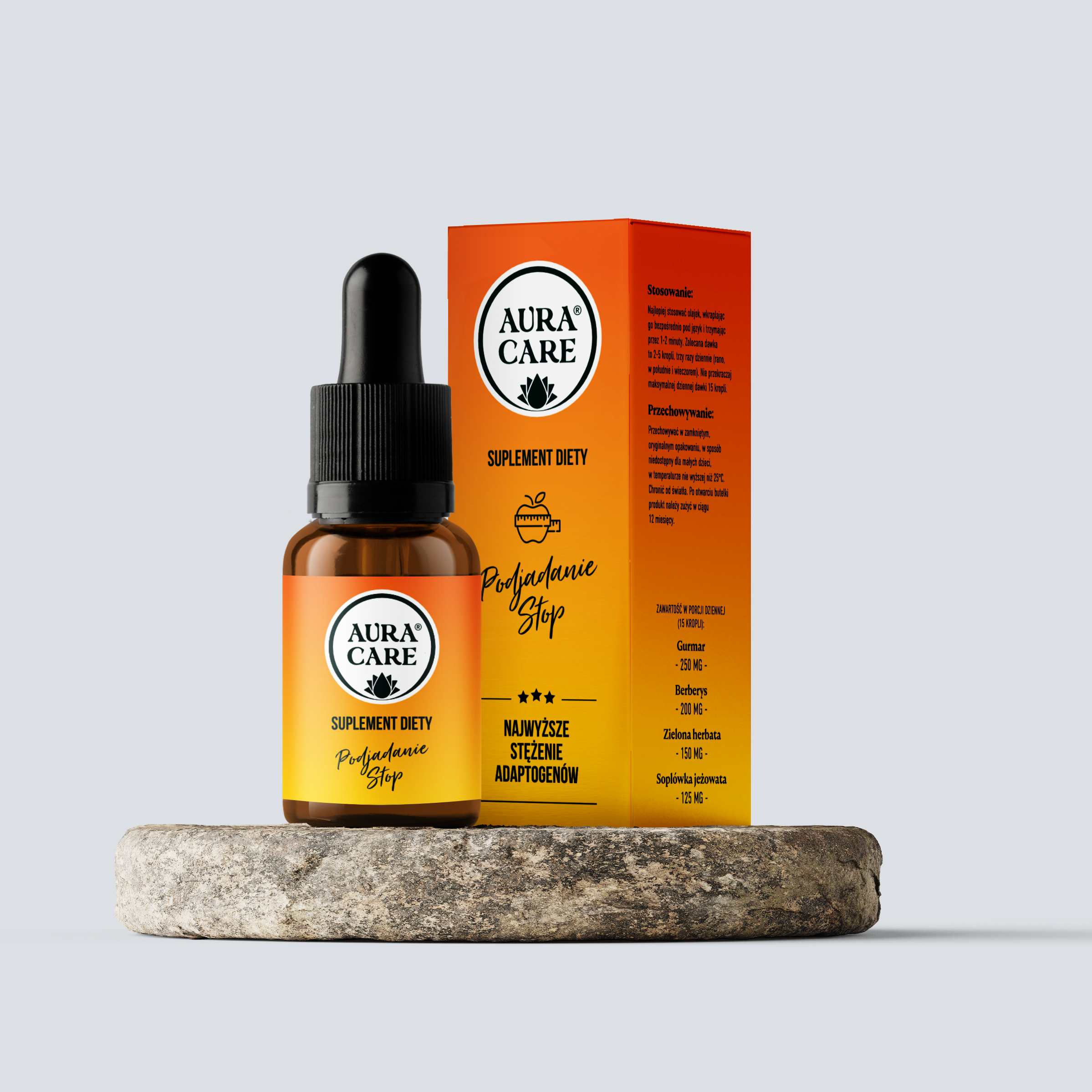 <b>Podjadanie STOP</b><br> Gurmar, Berberys indyjski, Zielona herbata, Soplówka jeżowata, Olejek eteryczny z grejpfruta <br><small> Adaptogeny Aura Care | 15ml</small>