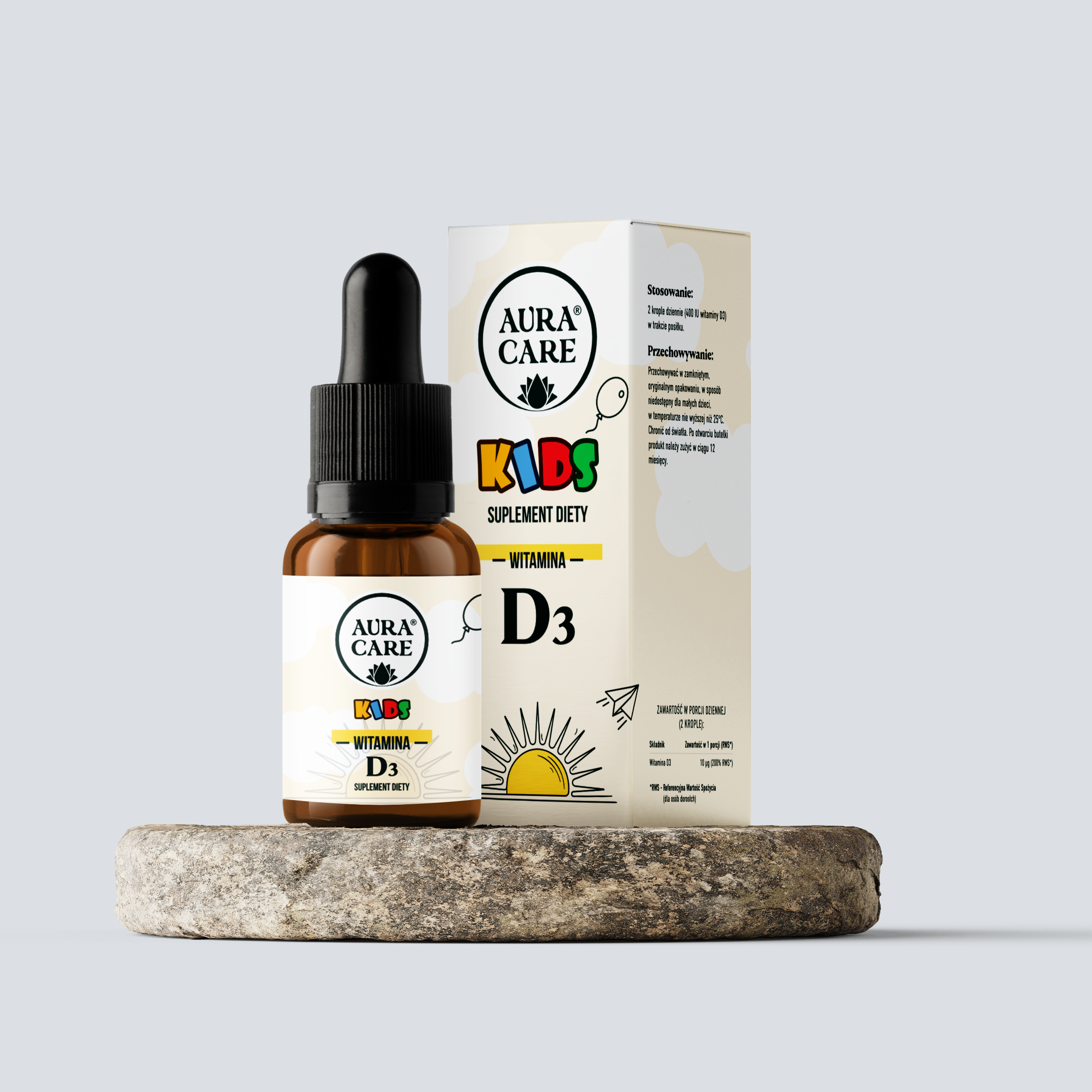 <b>Witamina D3 dla dzieci</b><br> Silne kości, mocne zęby, naturalna odporność<br><small> Witaminy Aura Care | 15 ml</small>