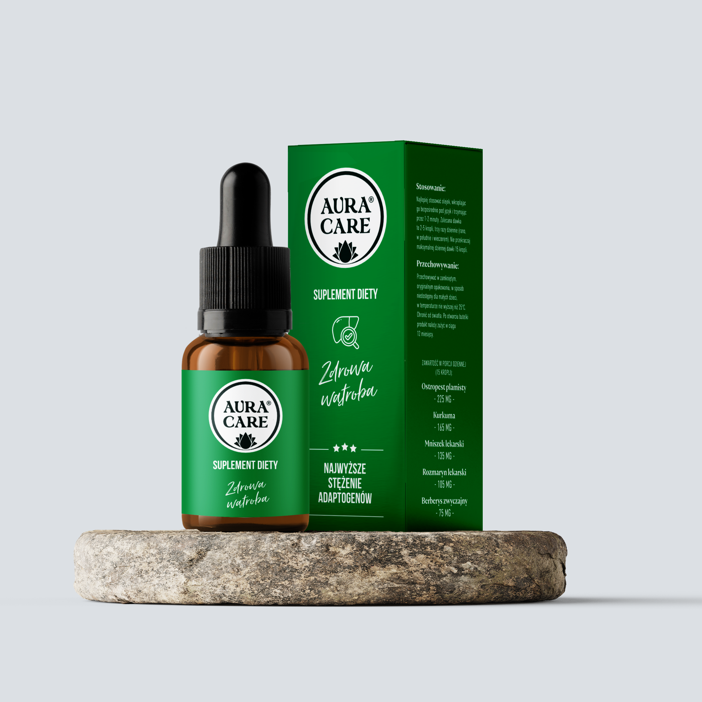 <b>Zdrowa wątroba</b><br> Ostropest plamisty, Kurkuma, Mniszek lekarski, Rozmaryn lekarski, Berberys zwyczajny<br><small> Adaptogeny Aura Care | 15ml</small>