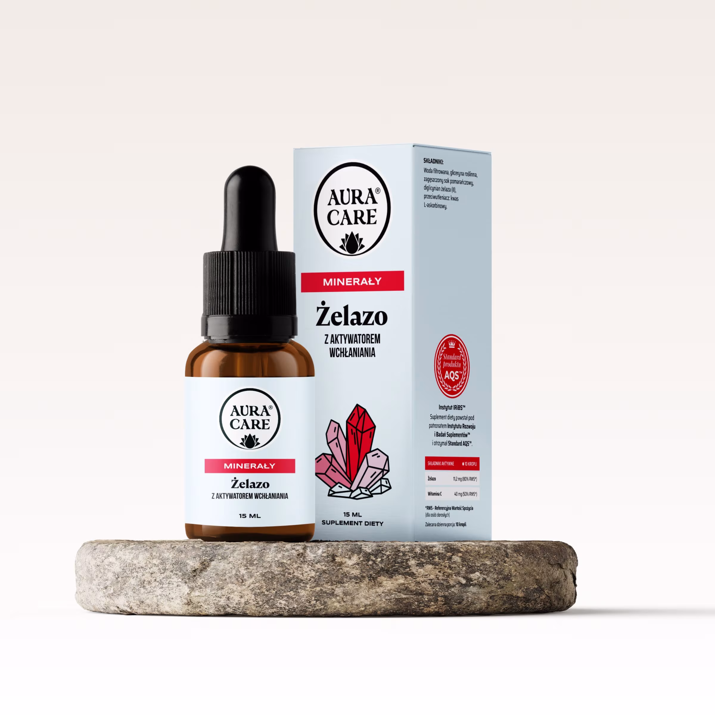 Żelazo w kroplach | Aktywator wchłaniania | Minerały Aura Care | 15 ml