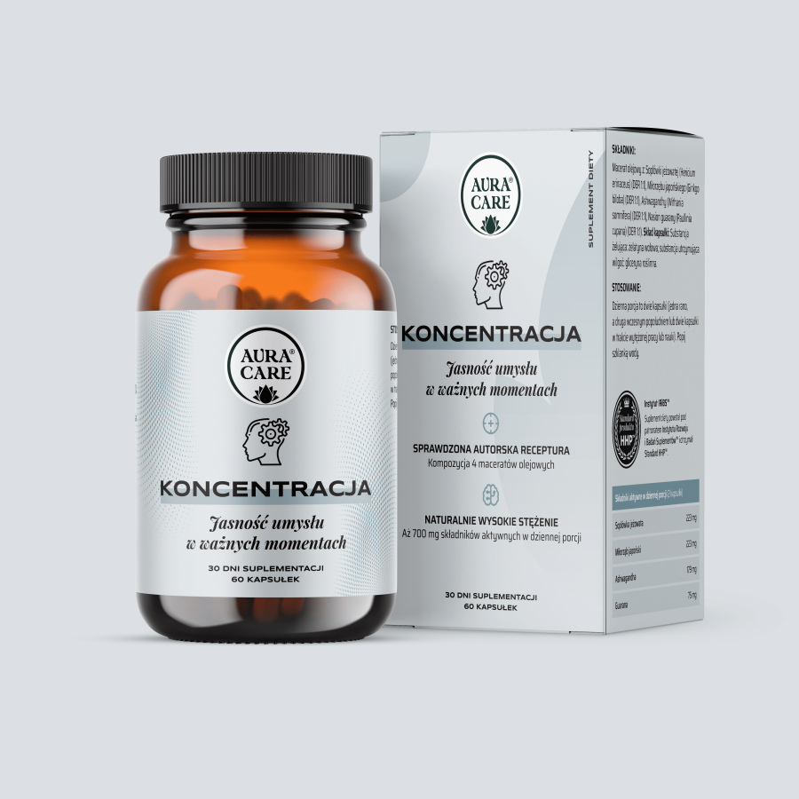 Koncentracja w kapsułkach  Ashwagandha, Lion’s mane (Soplówka jeżowata), Ginkgo Biloba, Guarana  Adaptogeny Aura Care | 60 kapsułek