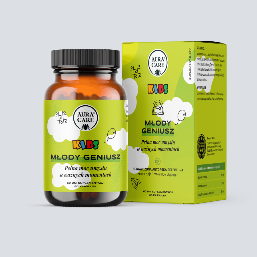 Młody Geniusz w kapsułkachSoplówka Jeżowata (Lion's Mane), Nasiona Kakaowca, Kwasy Omega-3  Adaptogeny Aura Care KIDS | 60 kapsułek
