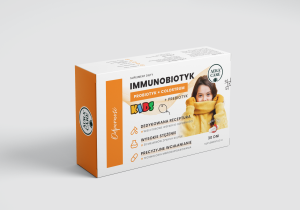 <b>Odporność</b><br> Immunobiotyk + prebiotyk, żywe probiotyki<br><small> Probiotyki Aura Care KIDS | 30 miliardów CFU</small>