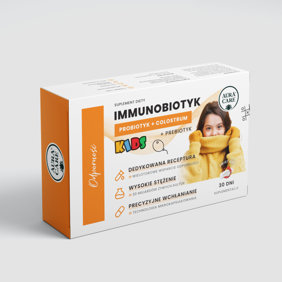 <b>Odporność</b><br> Immunobiotyk + prebiotyk, żywe probiotyki<br><small> Probiotyki Aura Care KIDS | 30 miliardów CFU</small>