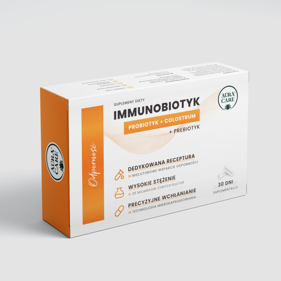 <b>Odporność</b><br> Immunobiotyk + prebiotyk, żywe probiotyki<br><small> Probiotyki Aura Care | 35 miliardów CFU</small>