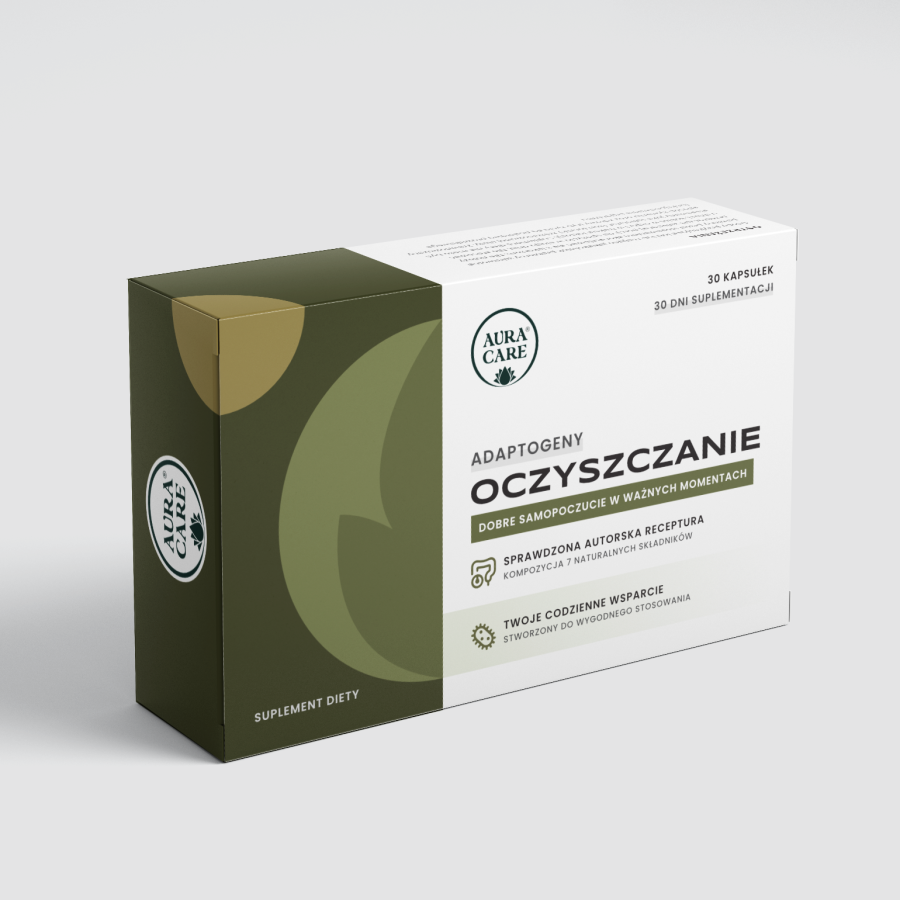 <b>Oczyszczanie w kapsułkach</b><br> Orzech włoski, pestki dyni, mniszek lekarski, tymianek, dzikie oregano, pączki goździkowca, karczoch<br><small> Adaptogeny Aura Care | 30 kapsułek</small>