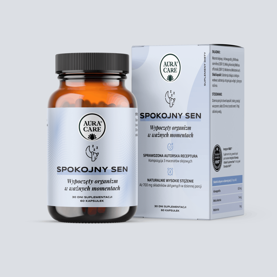 Spokojny sen w kapsułkachAshwagandha, Melisa, Melatonina Adaptogeny Aura Care | 60 kapsułek