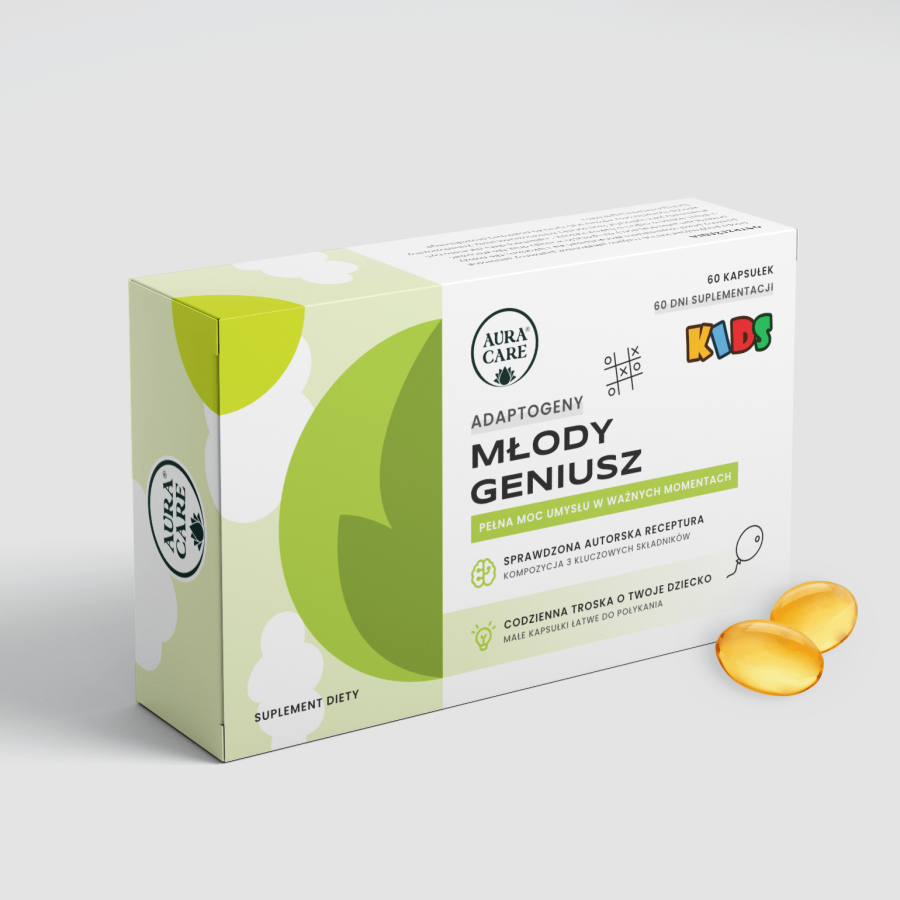 Młody Geniusz w kapsułkachSoplówka Jeżowata (Lion's Mane), Nasiona Kakaowca, Kwasy Omega-3  Adaptogeny Aura Care KIDS | 60 kapsułek