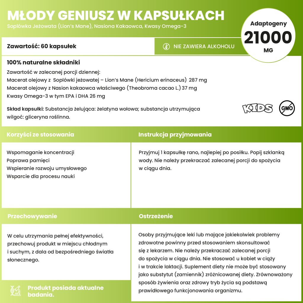 Macerat olejowy z Soplówki jeżowatej – Lion’s Mane, Macerat olejowy z Nasion kakaowca właściwego, Kwasy Omega-3 w tym EPA i DHA