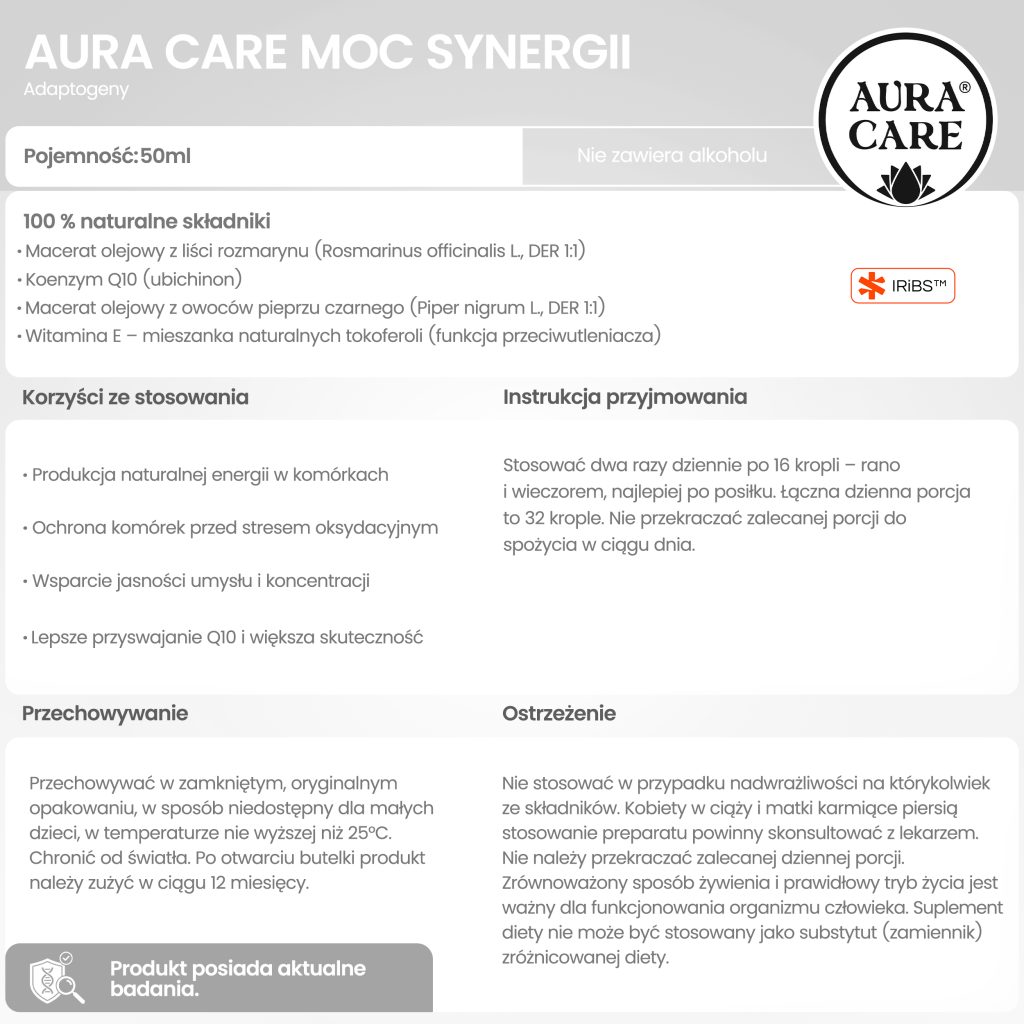 Macerat olejowy z liści rozmarynu, Koenzym Q10, Macerat olejowy z owoców pieprzu czarnego, Witamina E – mieszanka naturalnych tokoferoli