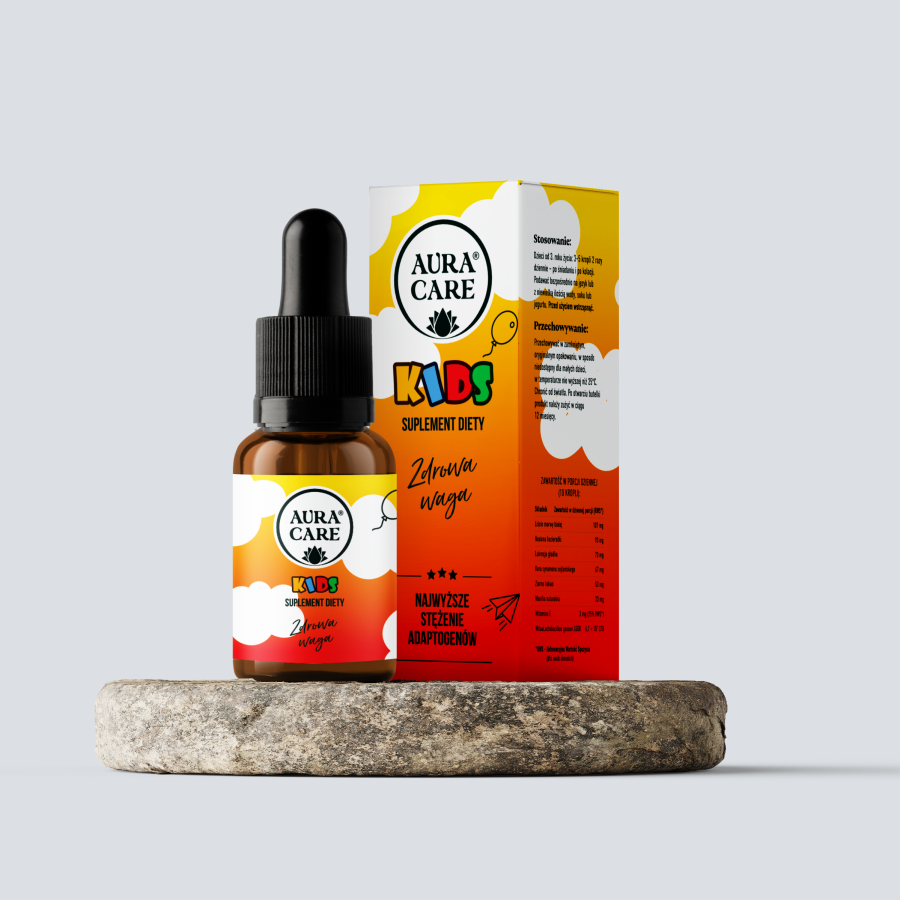 <b>Zdrowa Waga KIDS</b><br> Morwa biała, Kozieradka, Lukrecja gładka, Cynamon cejloński, Kakao, Wanilia, Witamina E, Lactobacillus gasseri<br><small> Adaptogeny Aura Care KIDS | 15ml</small>