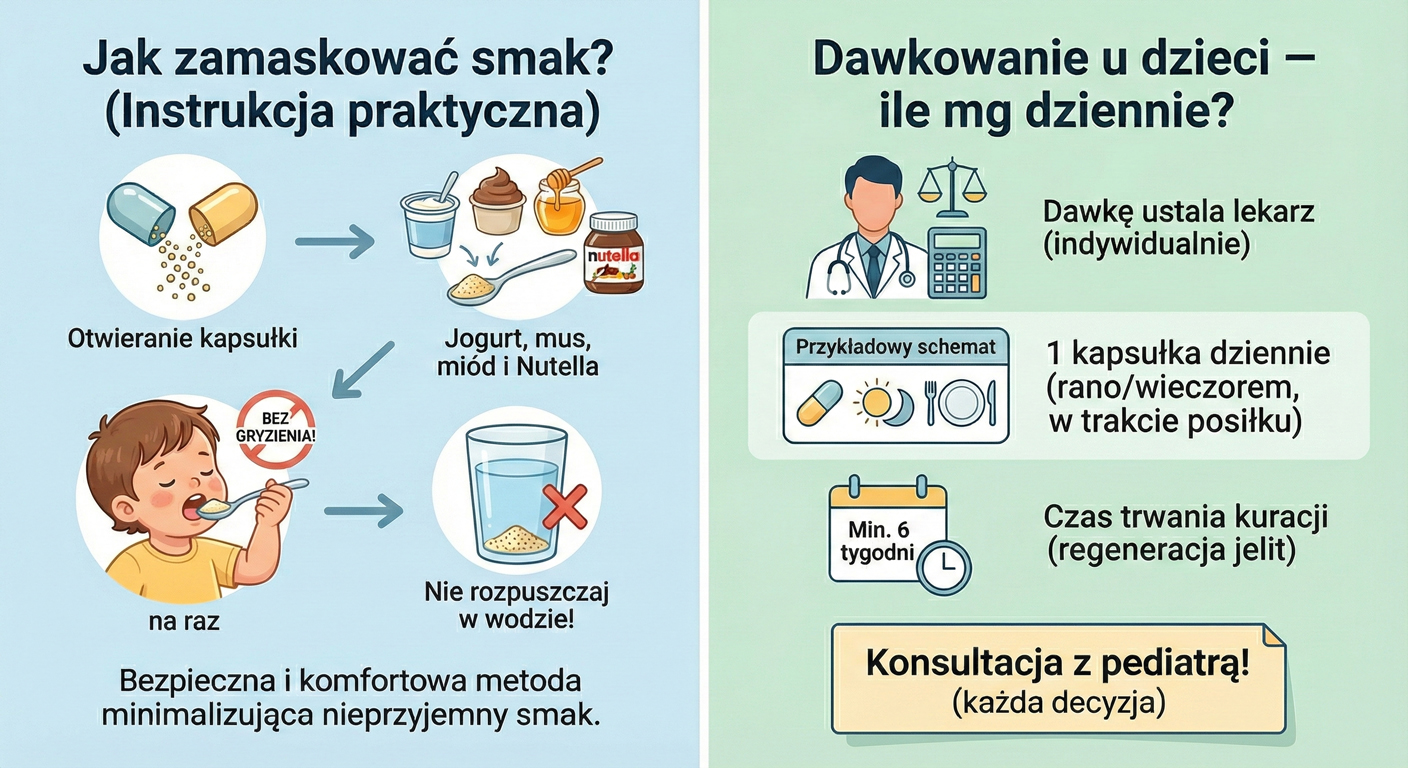 Instrukcja graficzna jak otworzyć kapsułkę z maślanem sodu i podać dziecku w jogurcie lub nutelli. Obok schemat dawkowania i zalecenie konsultacji z pediatrą.