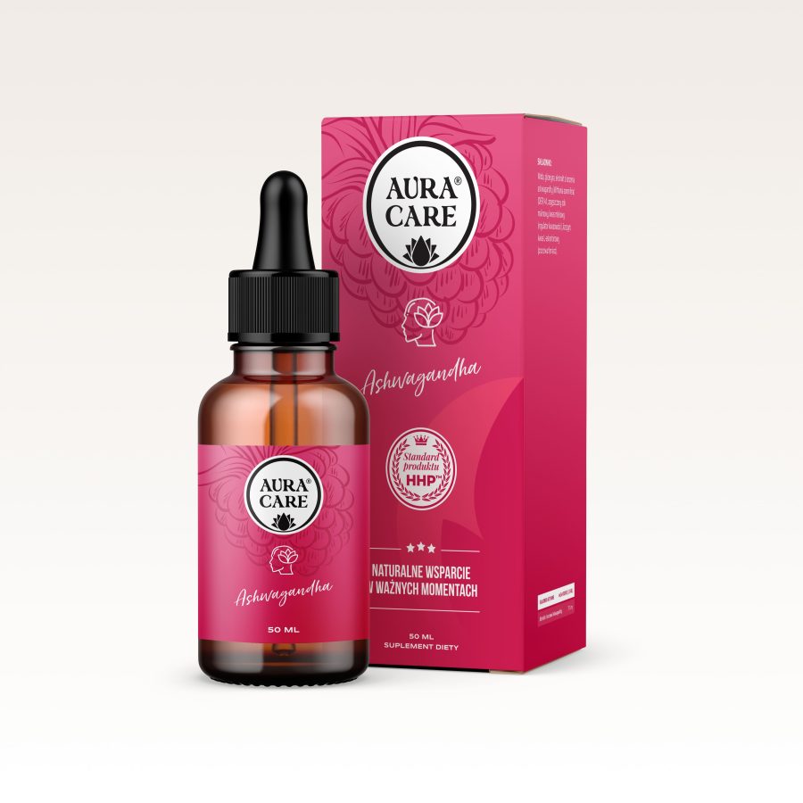 Ashwagandha Malinowa HHP™ Ekstrakt z korzenia Ashwagandhy, Naturalny sok malinowy Adaptogeny Aura Care | 50ml