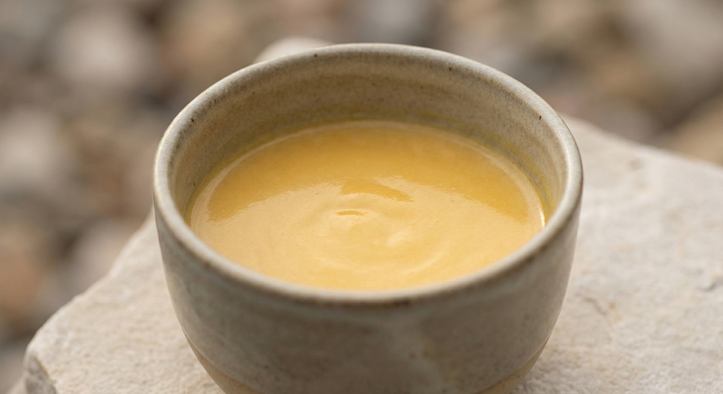 Zbliżenie na gęste, złocisto-kremowe colostrum bydlęce w naturalnej ceramicznej miseczce.