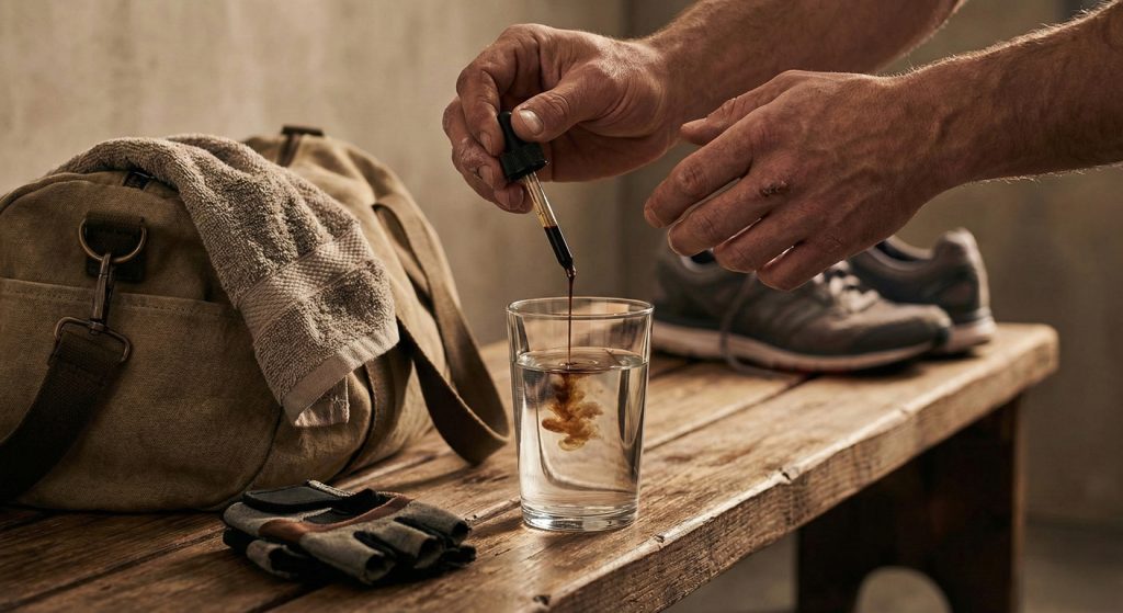 Zbliżenie na dłonie sportowca dodające krople naturalnego ekstraktu roślinnego do szklanki wody, na tle torby treningowej i ręcznika, sugerujące rytuał wyciszenia po wysiłku fizycznym.