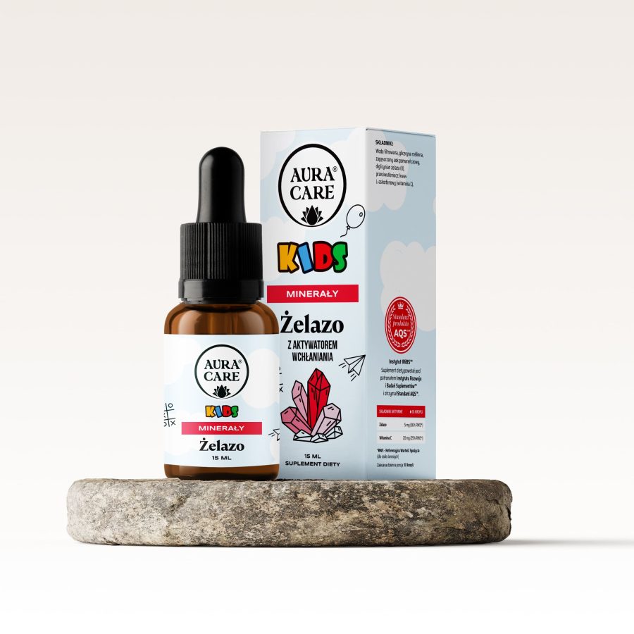 Żelazo dla dzieci w kroplach - Aktywator wchłaniania & AQS™ 5 mg Diglicynianu Żelaza, synergia z witaminą C  Minerały Aura Care KIDS | 15ml