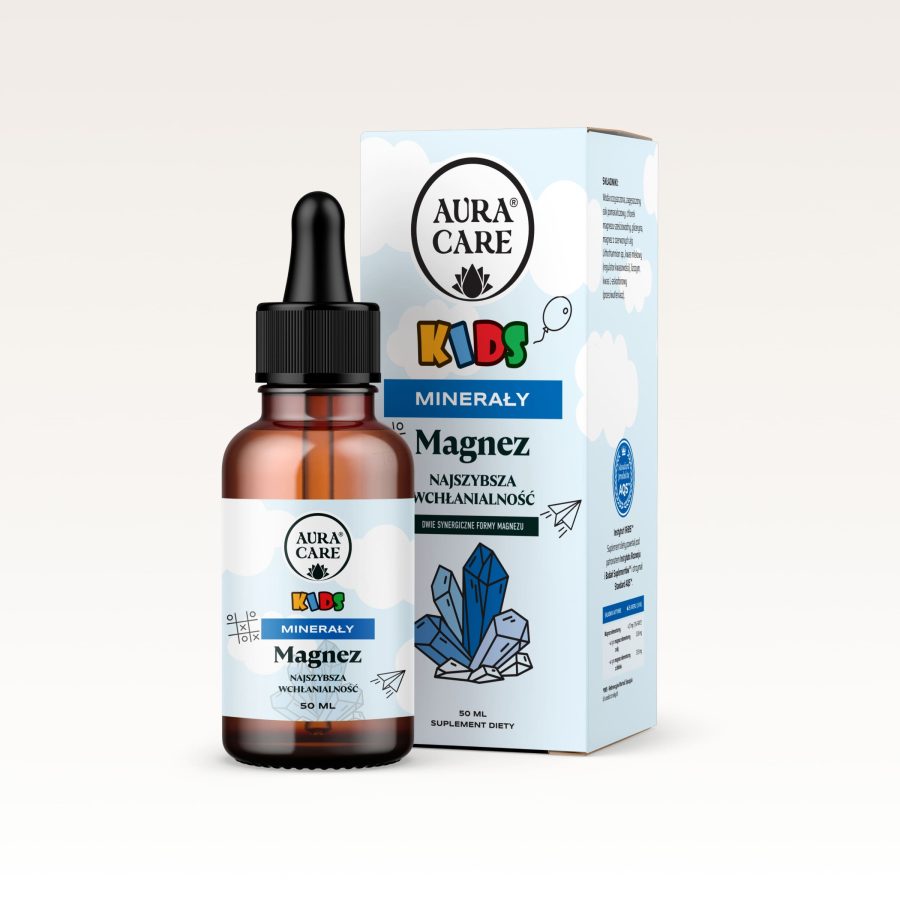 Magnez dla dzieci w kroplach AQS™ 2 źródła magnezu, wsparcie układu nerwowego, mięśni i energii w okresie wzrostu  Minerały Aura Care | 50ml