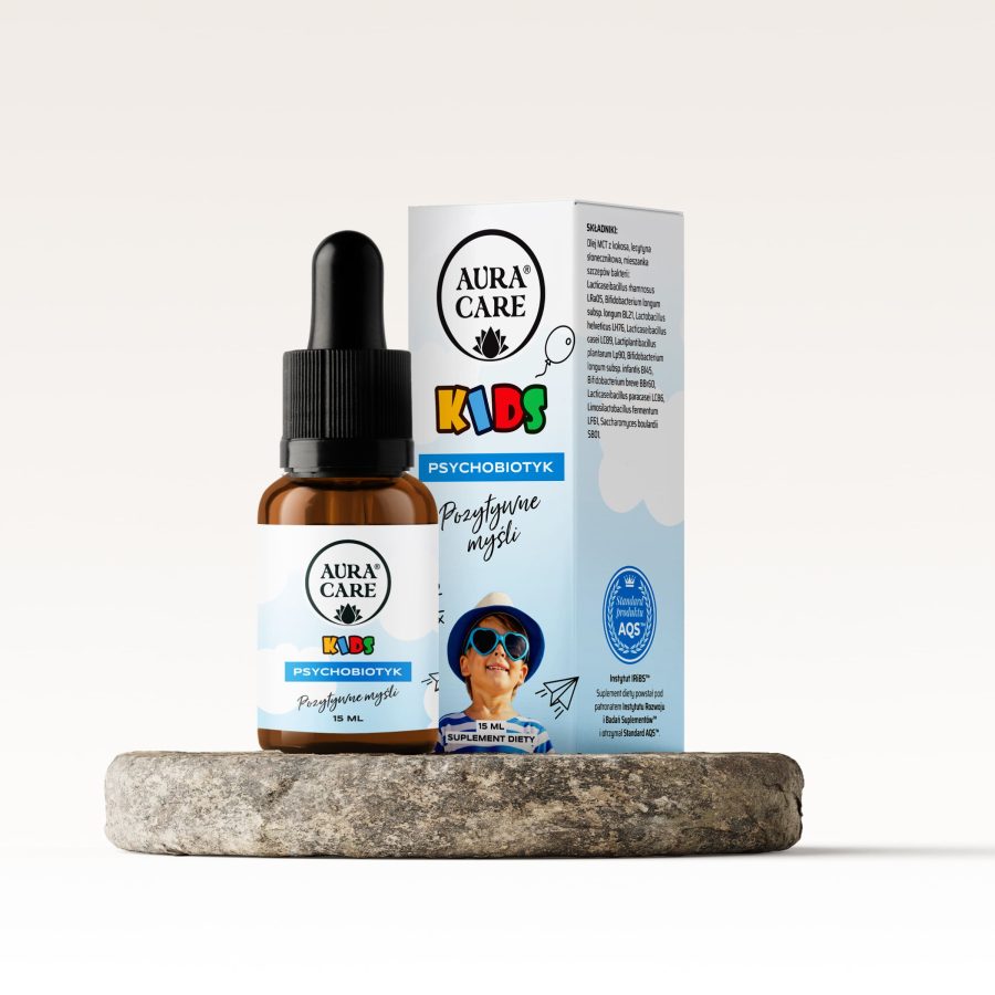 Psychobiotyk dla dzieci Pozytywne Myśli AQS™ 10 szczepów, wsparcie osi jelito-mózg i wyciszenia w kroplach  Psychobiotyk Aura Care KIDS | 15ml