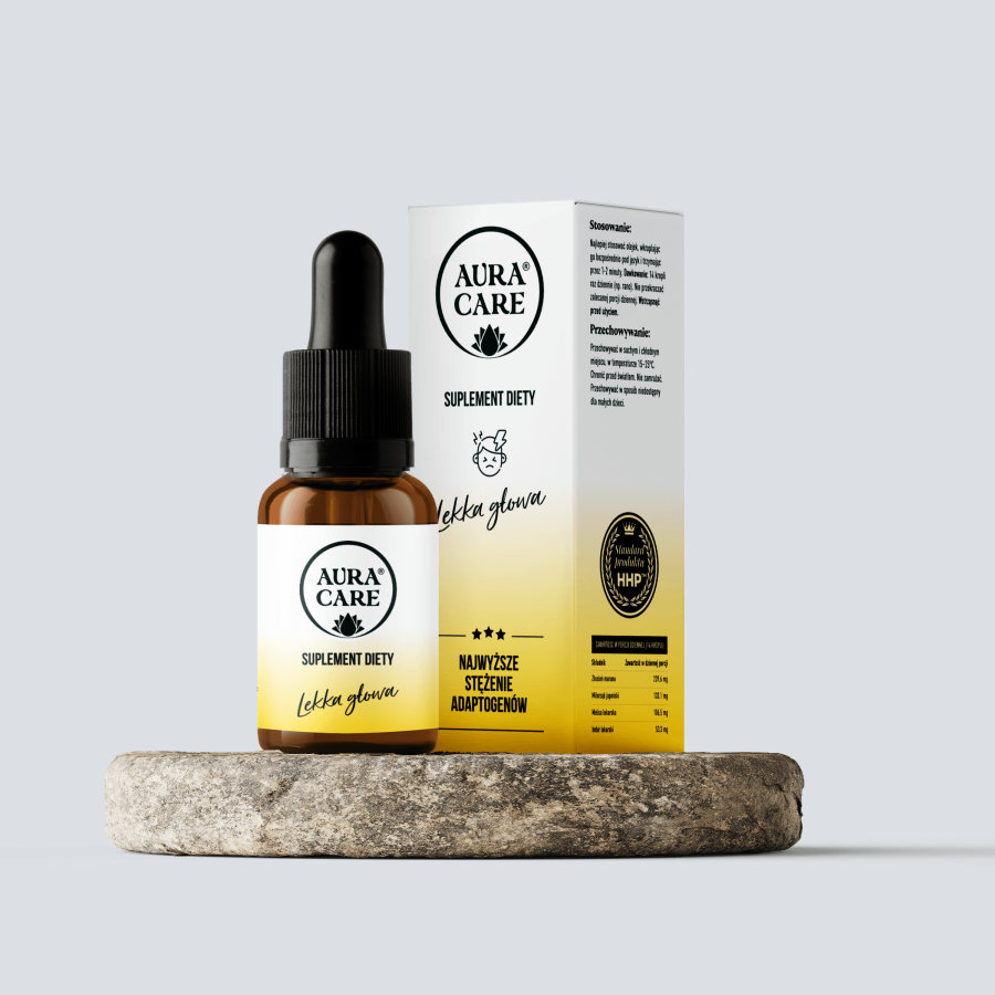 Lekka Głowa - roślinny macerat olejowy w formule HHP™ Wsparcie przy migrenowej codzienności, napięciu głowy i wyciszeniu w kroplach  Adaptogeny Aura Care | 15 ml