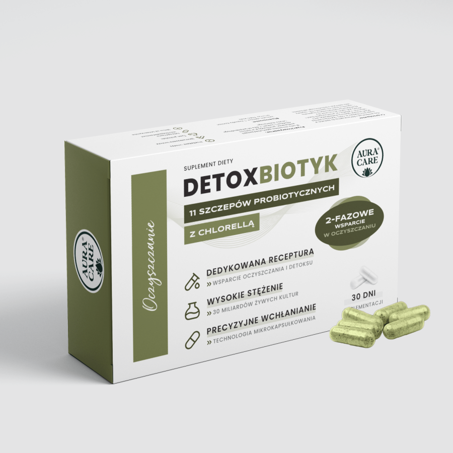 Detoxbiotyk AQS™ Chlorella, inulina i 30 mld CFU żywych kultur bakterii i drożdży na codzienne odciążenie organizmu  Probiotyki Aura Care | 30 kapsułek