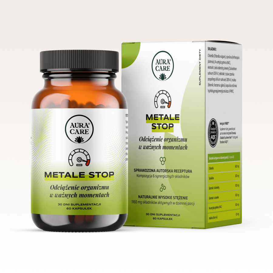 Metale Stop w standardzie AQS™ Chlorella, spirulina, NAC, kolendra, czosnek i inulina  Suplementy funkcjonalne Aura Care | 60 kapsułek