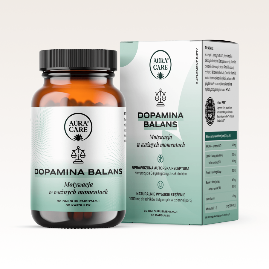 Dopamina Balans w standardzie AQS™ NALT, bakopa drobnolistna, różeniec górski, L-teanina i witamina B6 P-5-P  Suplementy funkcjonalne Aura Care | 60 kapsułek