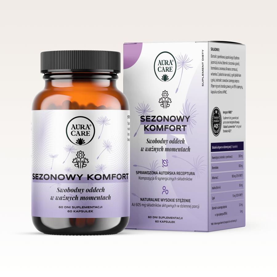 Sezonowy Komfort w standardzie AQS™ Kwercetyna 98%, bromelaina, witamina C, cynk i piperyna  Suplementy funkcjonalne Aura Care | 60 kapsułek