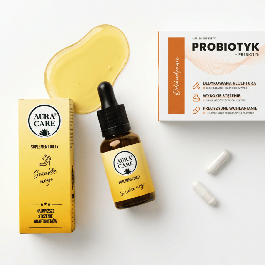 Zestaw Smukła Sylwetka Macerat olejowy Smukłe Nogi (HHP™) + Probiotyk Odchudzanie  Zestawy Aura Care | 15 ml + 30 kapsułek (30 dni)