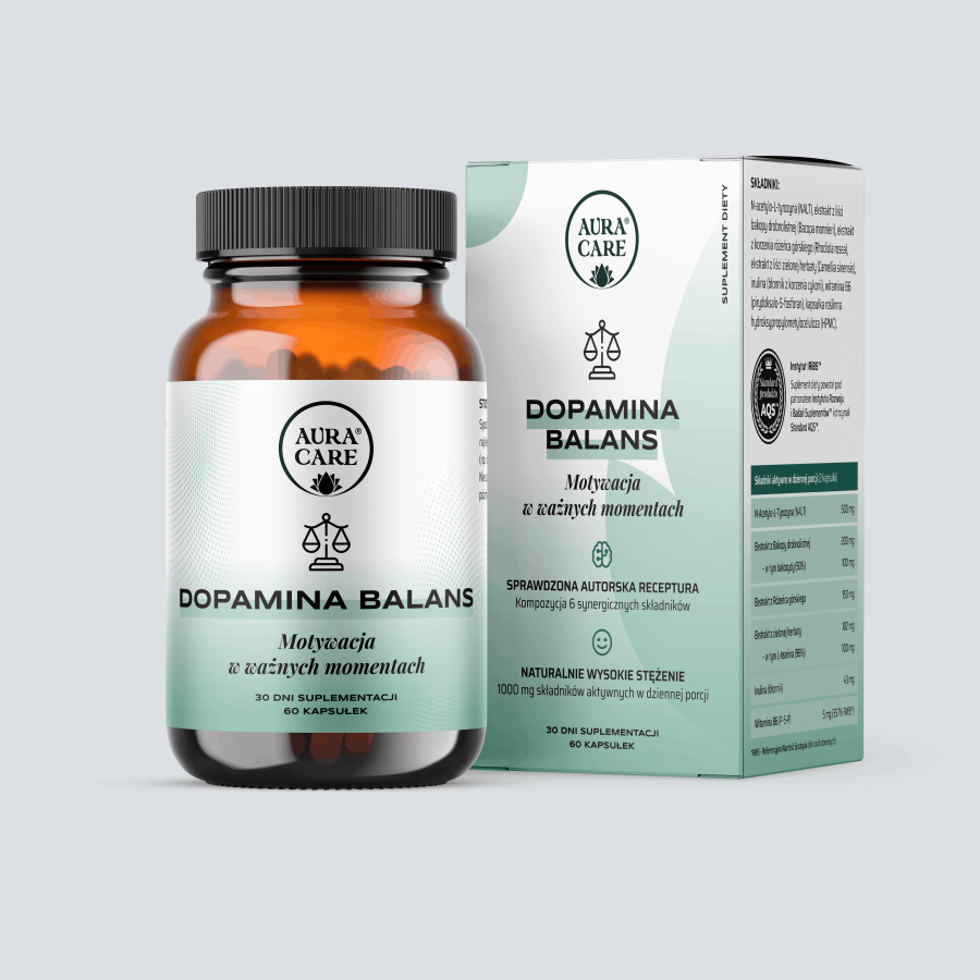 Dopamina Balans w standardzie AQS™ NALT, bakopa drobnolistna, różeniec górski, L-teanina i witamina B6 P-5-P  Suplementy funkcjonalne Aura Care | 60 kapsułek