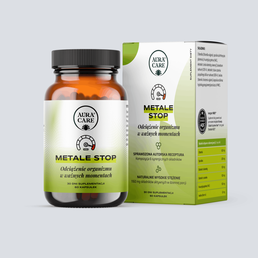 Metale Stop w standardzie AQS™ Chlorella, spirulina, NAC, kolendra, czosnek i inulina  Suplementy funkcjonalne Aura Care | 60 kapsułek
