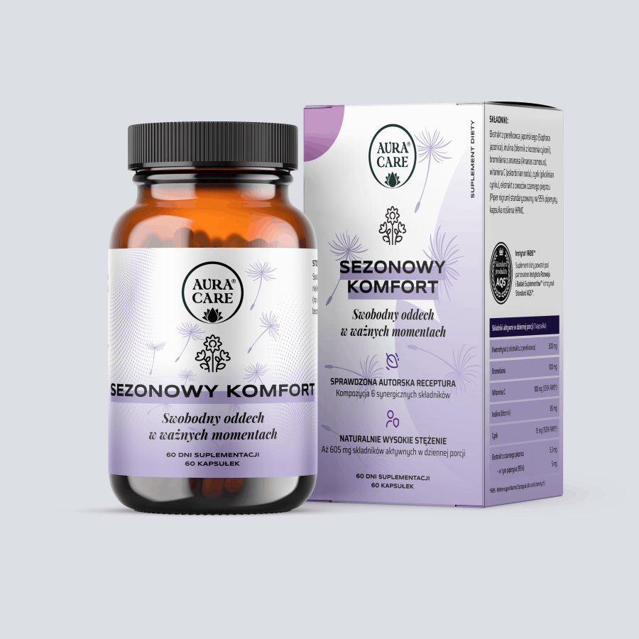 Sezonowy Komfort w standardzie AQS™ Kwercetyna 98%, bromelaina, witamina C, cynk i piperyna  Suplementy funkcjonalne Aura Care | 60 kapsułek