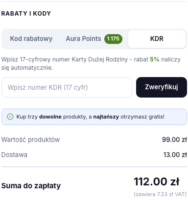 Sekcja Rabaty i kody z zakładką KDR, polem na 17-cyfrowy numer i przyciskiem Zweryfikuj